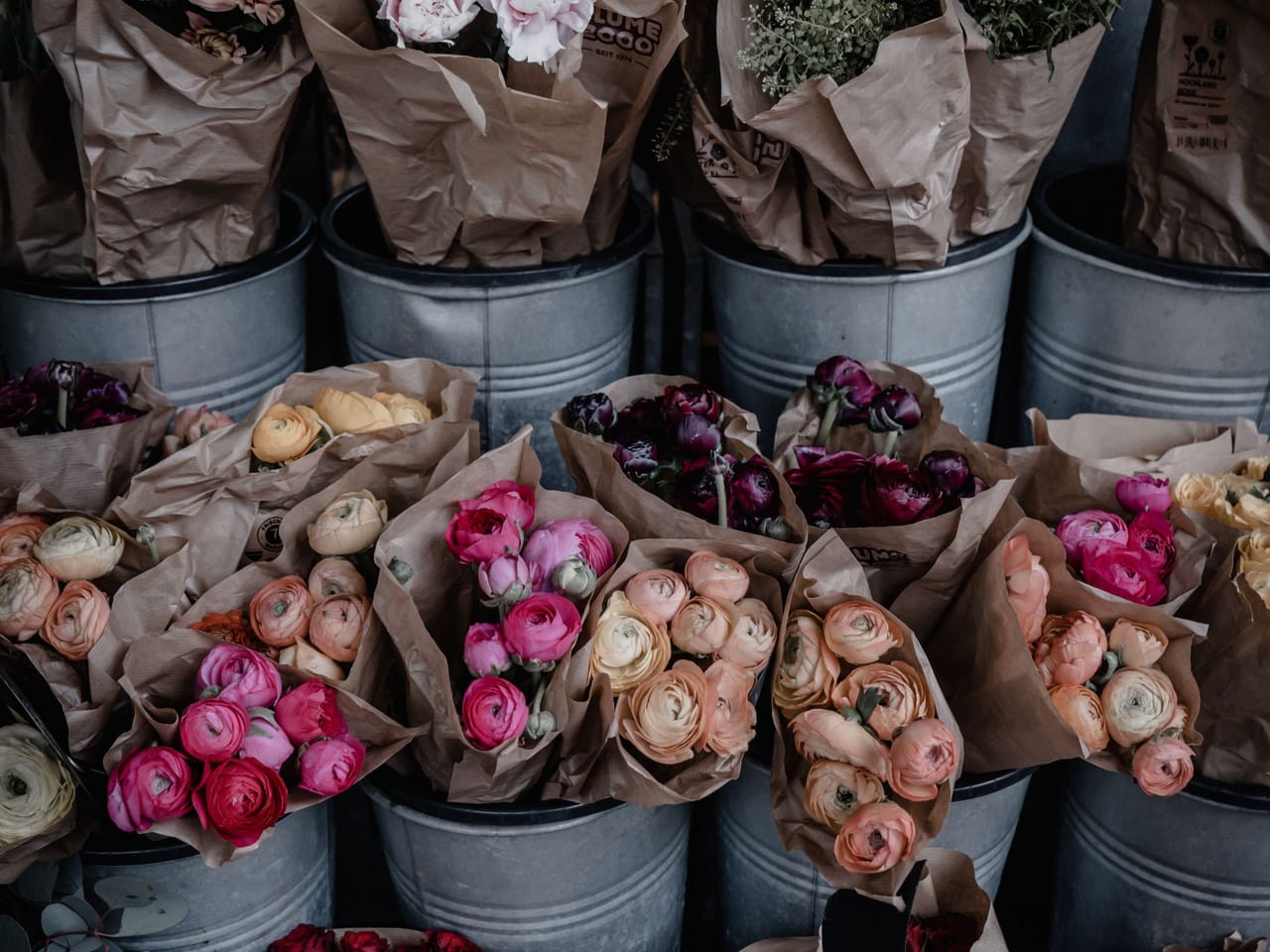 Bouquets de renoncules emballés dans du papier kraft, présentés en seaux