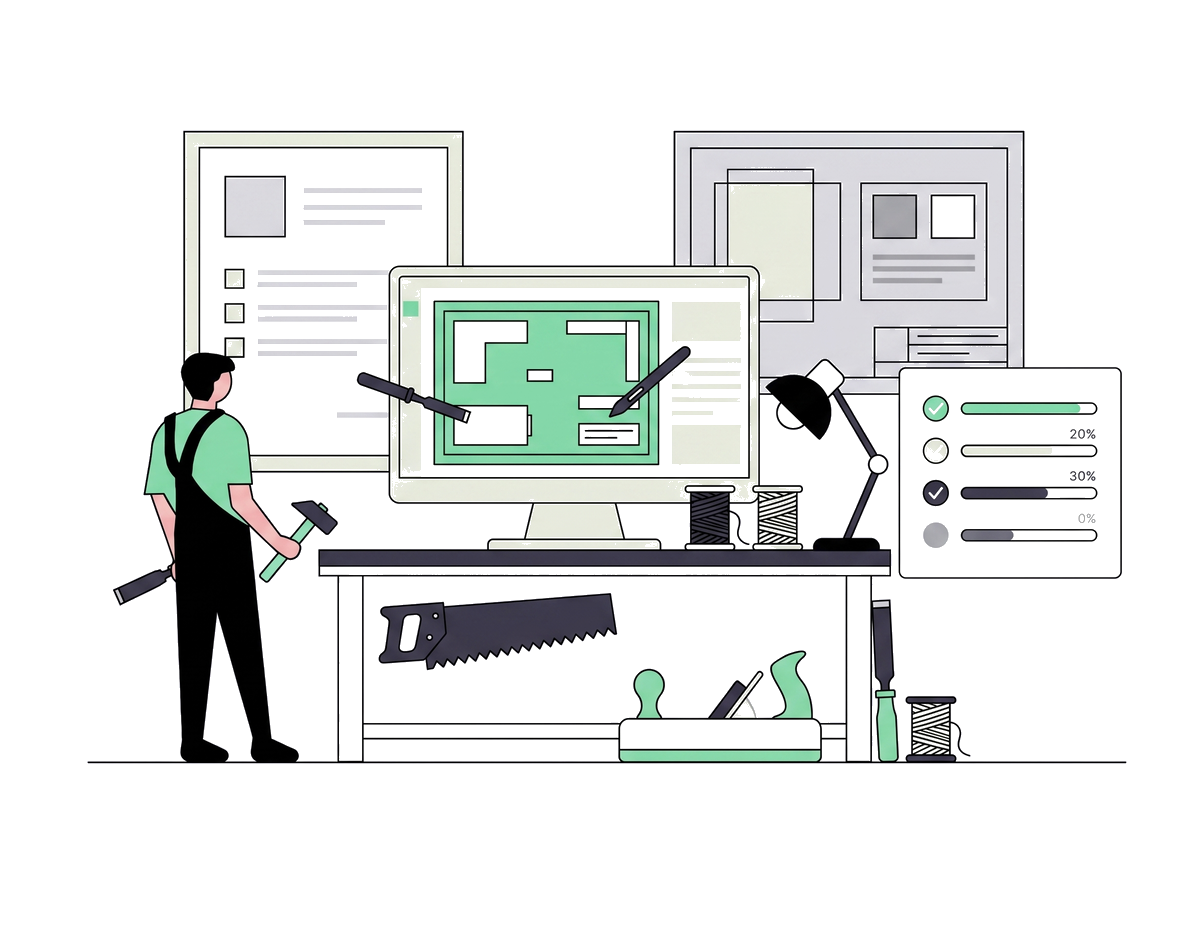 Illustration : un artisan face à un écran d'ordinateur affichant la maquette de son futur site web