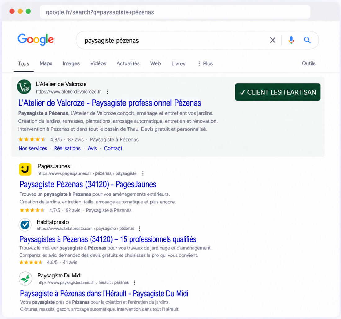 Résultats Google pour « paysagiste pézenas » : le site de L'Atelier de Valcroze apparaît parmi les résultats, avec PagesJaunes, Habitatpresto et Paysagiste Du Midi.