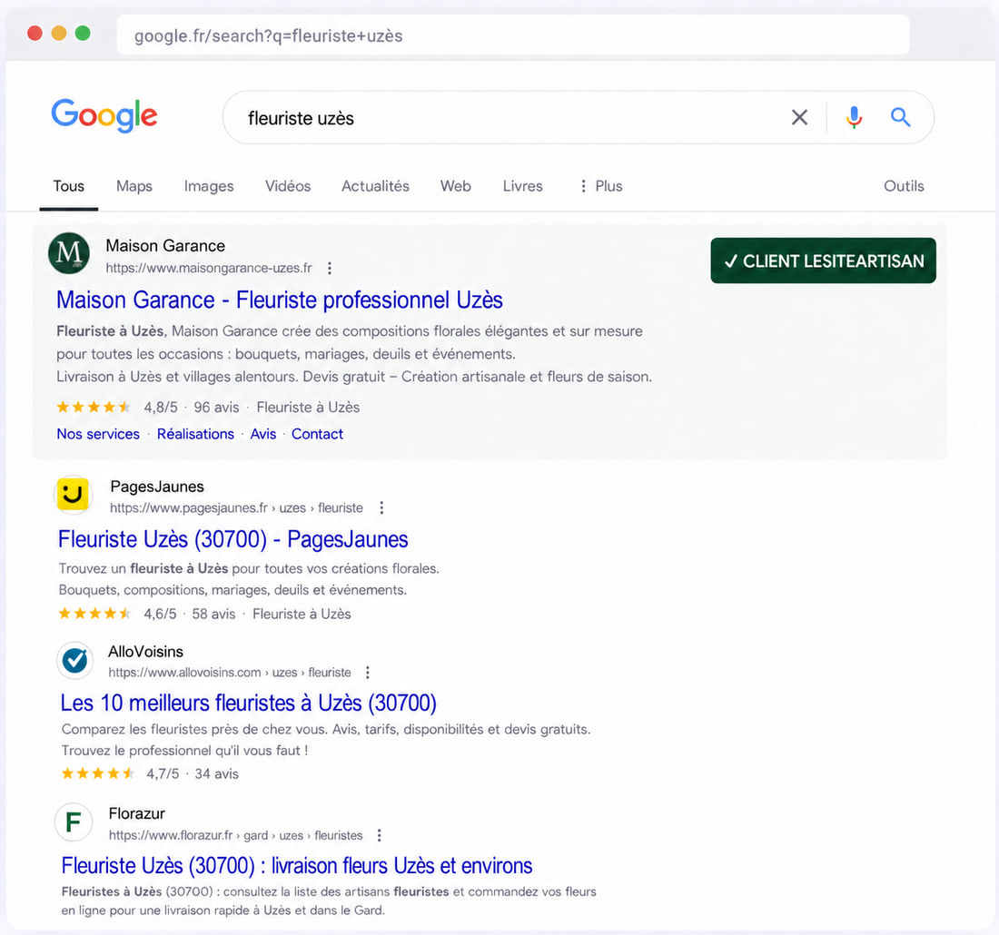 Résultats Google pour « fleuriste uzès » : le site de Maison Garance apparaît parmi les résultats, avec PagesJaunes, AlloVoisins et Florazur.