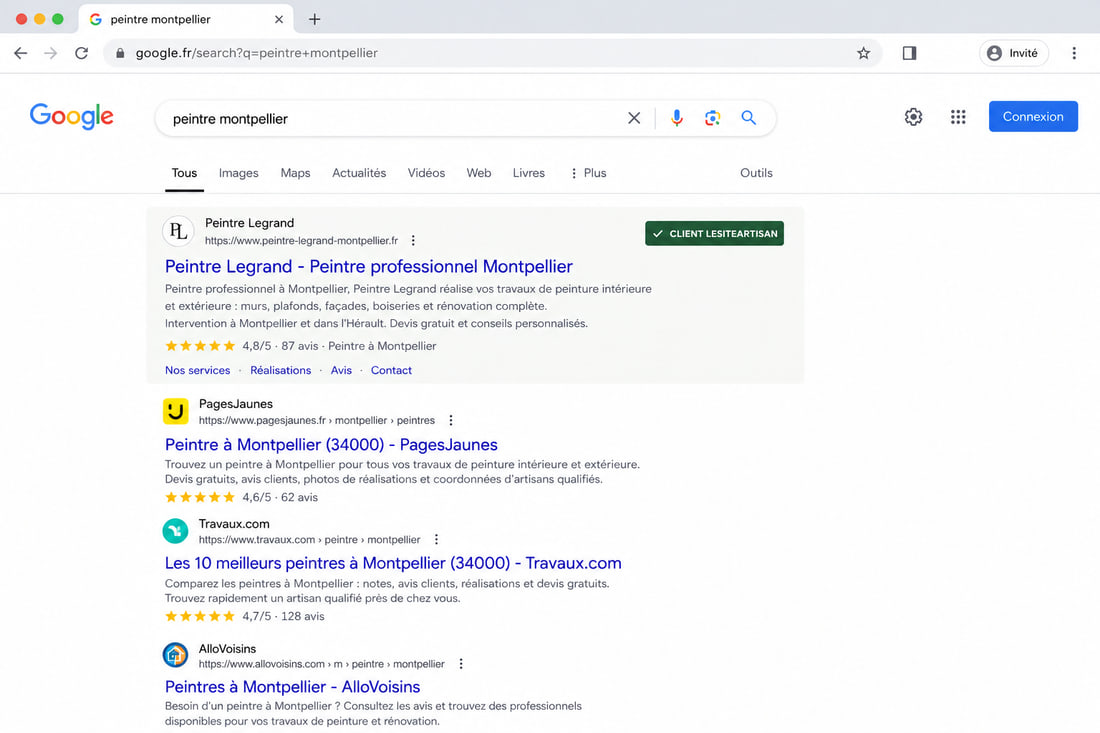 Résultats Google pour « peintre montpellier » : le site de Peintre Legrand apparaît parmi les résultats, avec PagesJaunes, Travaux.com et AlloVoisins.